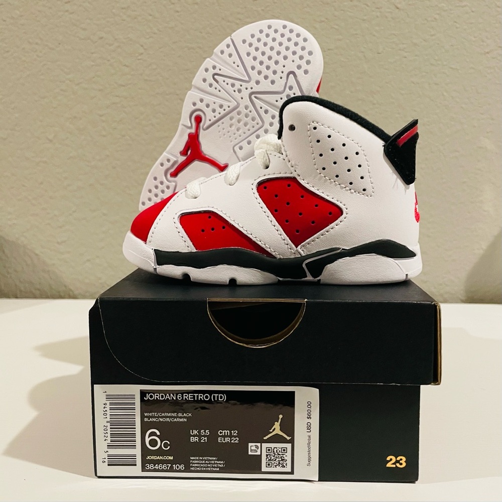 Jordan 6 Retro (TD), Size 6c, White Carmine Black